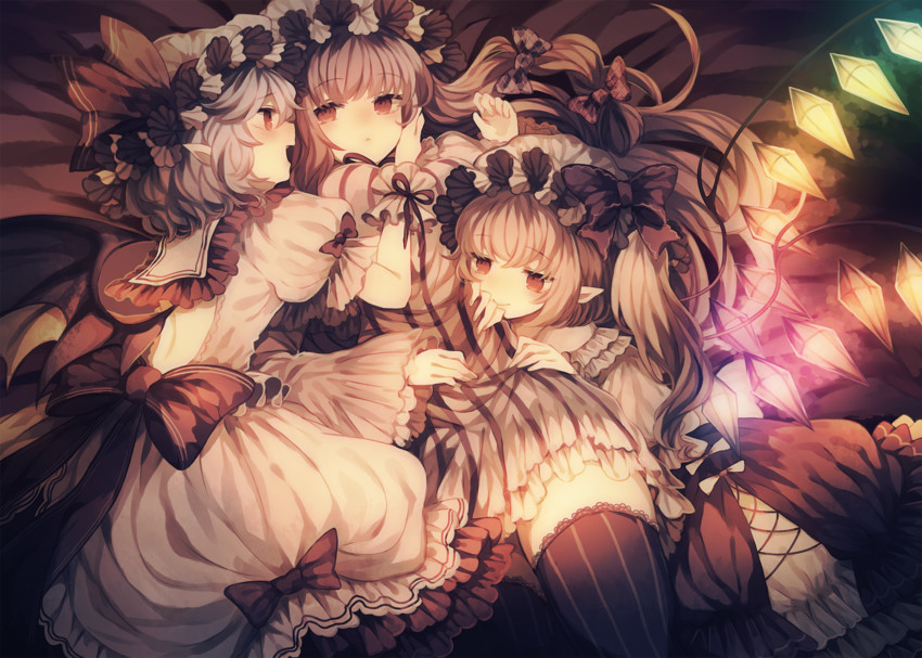 remilia scarlet, flandre scarlet, and patchouli knowledge (touhou) drawn by namakuby
