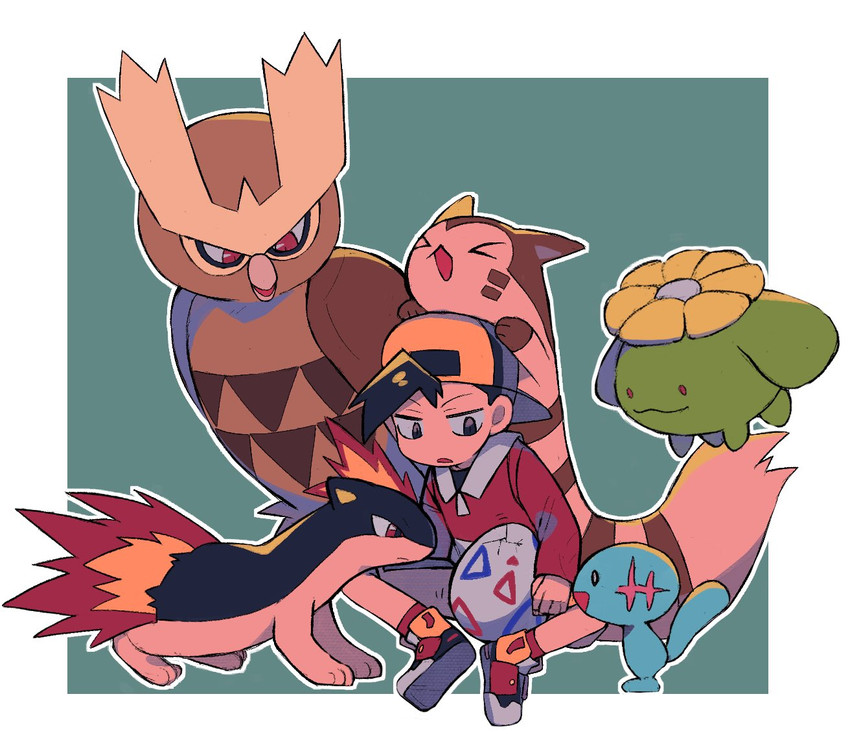 ethan, furret, wooper, quilava, skiploom, and 1 more (pokemon and 1 more) drawn by tyako_089