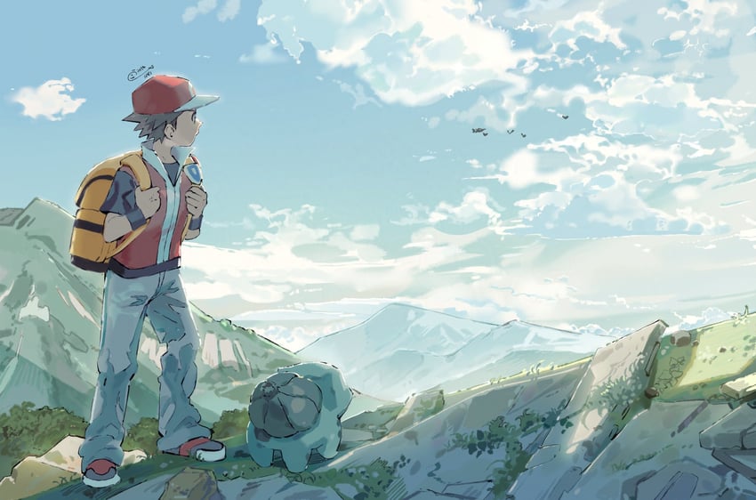 red and bulbasaur (pokemon and 1 more) drawn by aisutabetao