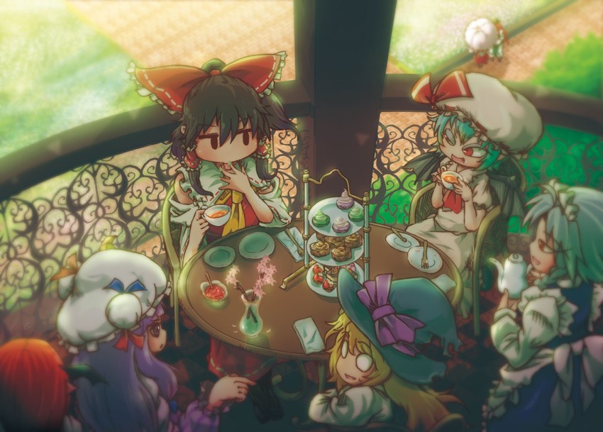hakurei reimu, kirisame marisa, remilia scarlet, flandre scarlet, izayoi sakuya, and 3 more (touhou) drawn by chamaji
