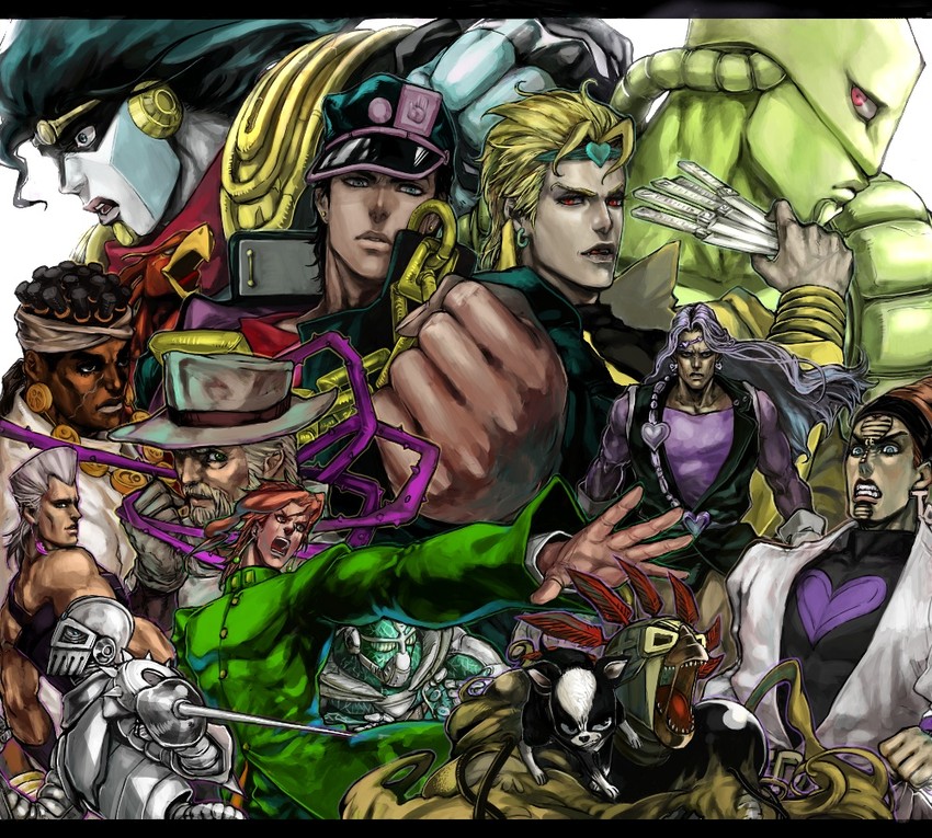 joseph joestar, kujo jotaro, dio brando, kakyoin noriaki, jean pierre polnareff, and 9 more (jojo no kimyou na bouken and 1 more) drawn by ka_du