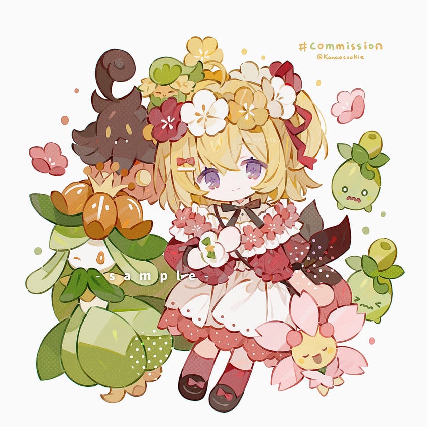 lilligant, pumpkaboo, comfey, smoliv, and cherrim (pokemon) drawn by kanae_(cookie)