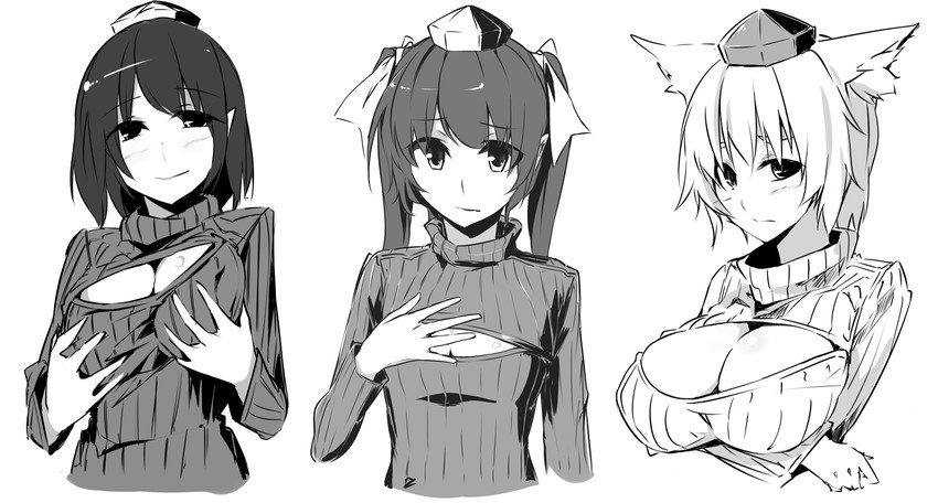 shameimaru aya, inubashiri momiji, and himekaidou hatate (touhou) drawn by kamukamu_(ars)