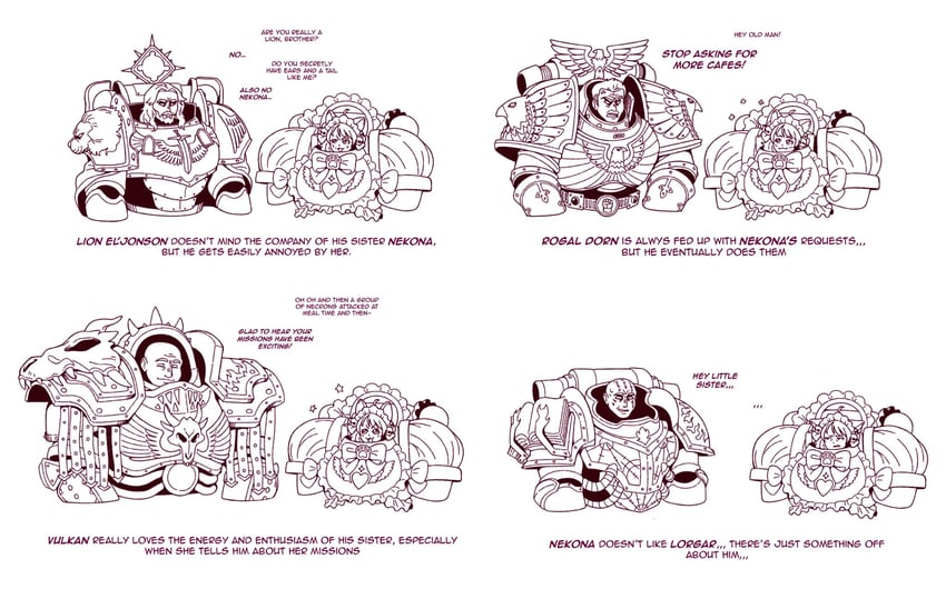 lion el'jonson, rogal dorn, lorgar aurelian, vulkan, and nekona (original and 1 more) drawn by chumiicham