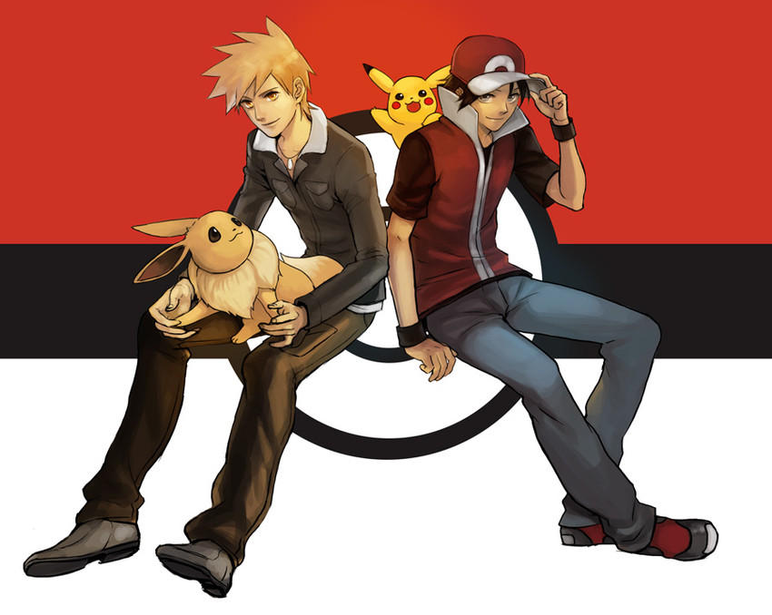 pikachu, red, eevee, and blue oak (pokemon and 1 more) drawn by magatsumagic