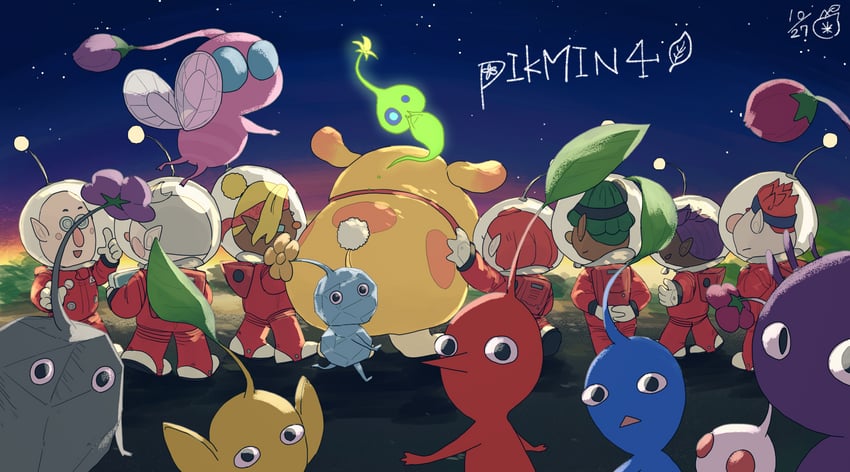 red pikmin, yellow pikmin, blue pikmin, purple pikmin, white pikmin, and 12 more (pikmin and 1 more) drawn by marukomarkome