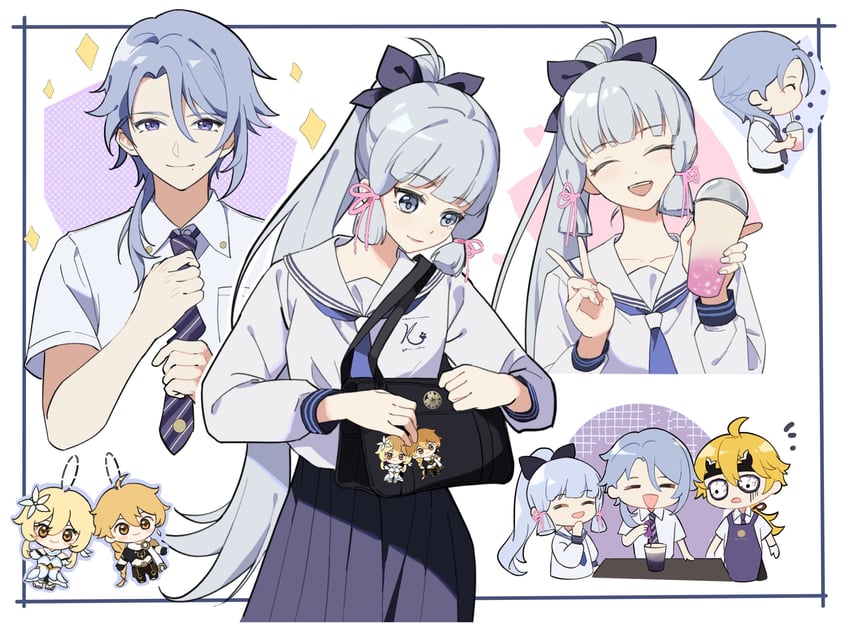 lumine, aether, kamisato ayaka, kamisato ayato, and thoma (genshin impact) drawn by hamilundenongdizhe
