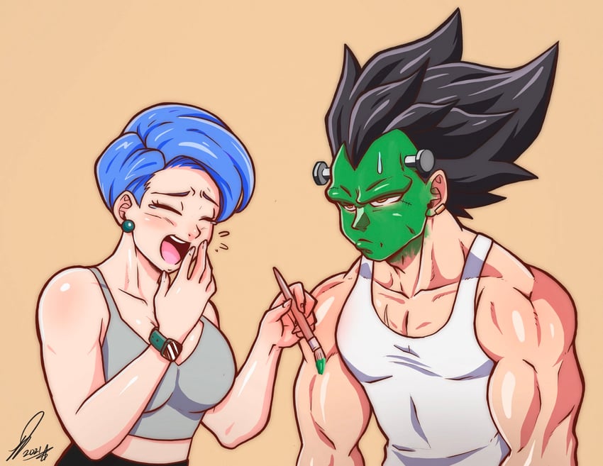 vegeta, bulma, and frankenstein's monster (dragon ball and 2 more) drawn by kooj_artz