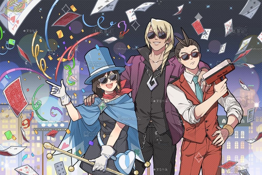 apollo justice, trucy wright, and klavier gavin (ace attorney and 1 more) drawn by senki_xl
