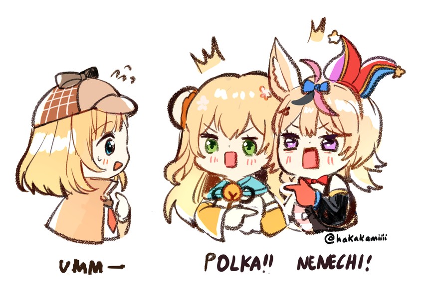 watson amelia, omaru polka, and momosuzu nene (hololive and 2 more) drawn by hakamii