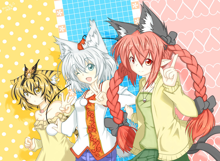 inubashiri momiji, kaenbyou rin, and toramaru shou (touhou) drawn by psychopath_idiot