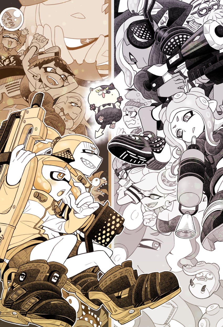 inkling player character, inkling girl, octoling player character, callie, marie, and 12 more (splatoon and 1 more) drawn by yoshizawa_miyabi