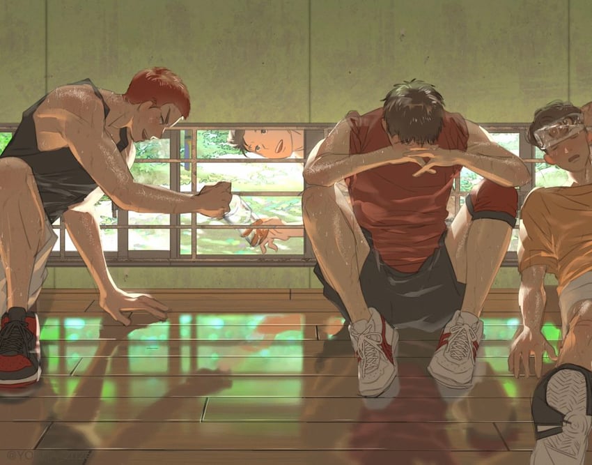 sakuragi hanamichi, miyagi ryouta, mitsui hisashi, and mito youhei (slam dunk) drawn by yorha_2b2e