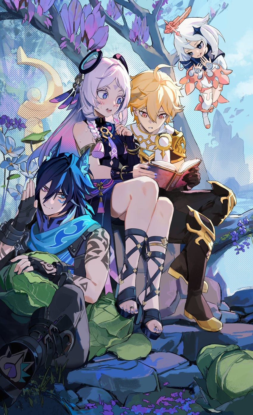 aether, paimon, citlali, and ororon (genshin impact) drawn by roki_(rednroki)