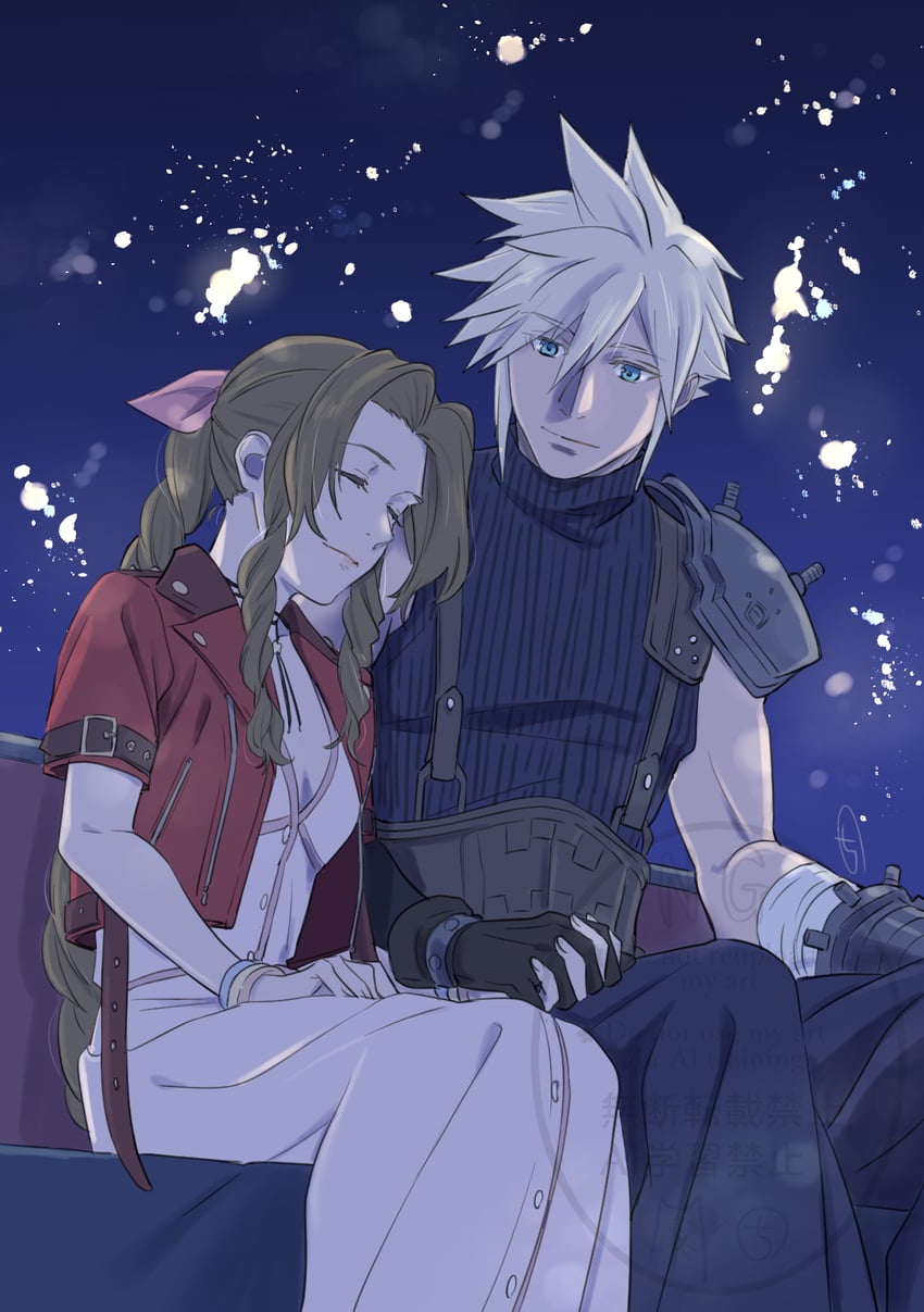 cloud strife and aerith gainsborough (final fantasy and 3 more) drawn by kobayashi_chizuru