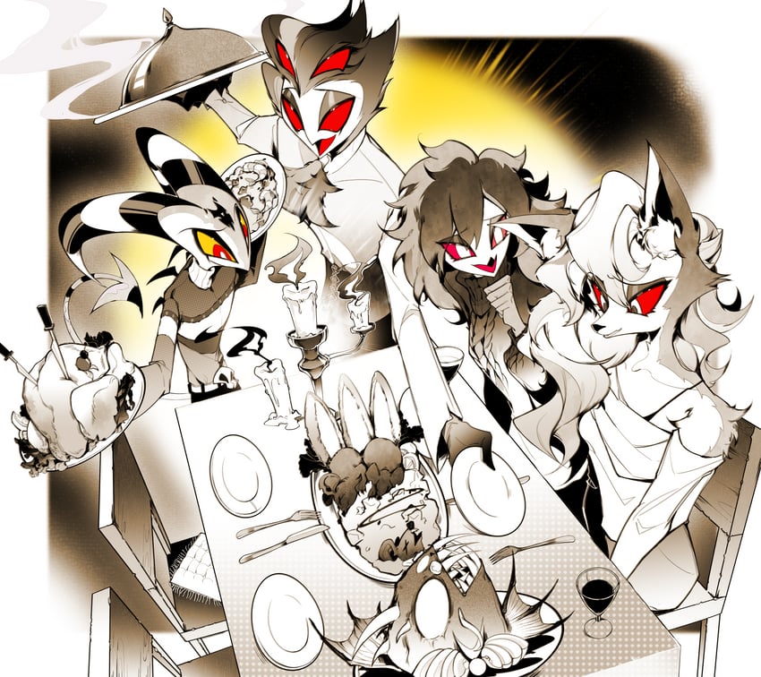 loona, blitzo, stolas, and octavia (helluva boss) drawn by zhu_xing_pupupu