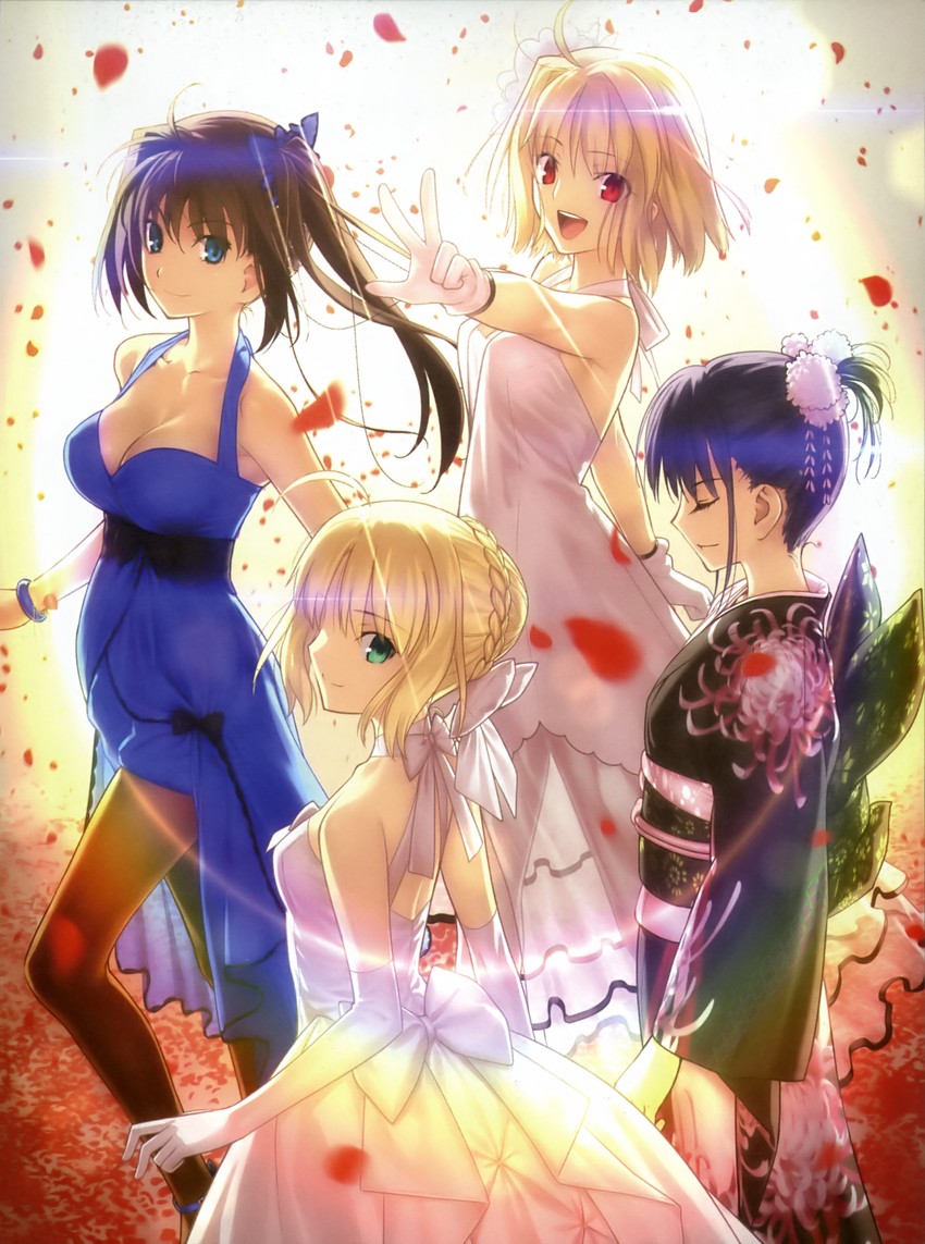 artoria pendragon, saber, arcueid brunestud, ryougi shiki, aozaki aoko, and 1 more (fate and 5 more) drawn by koyama_hirokazu and takeuchi_takashi