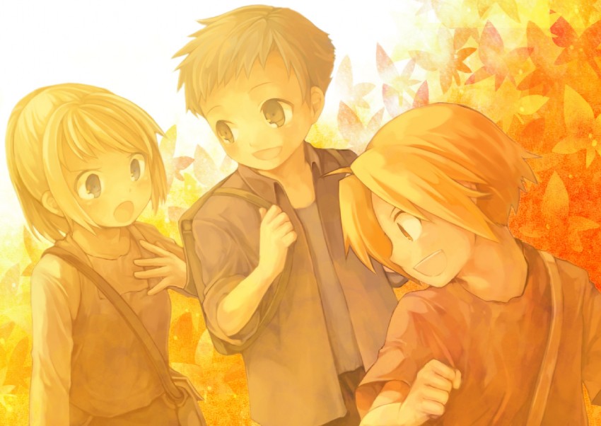 edward elric, alphonse elric, and winry rockbell (fullmetal alchemist) drawn by kazi