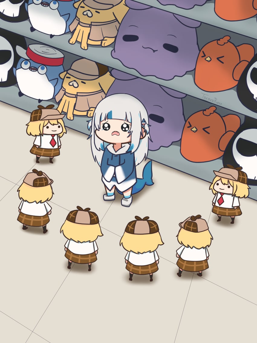 gawr gura, watson amelia, takodachi, bloop, bubba, and 3 more (hololive and 1 more) drawn by torororose