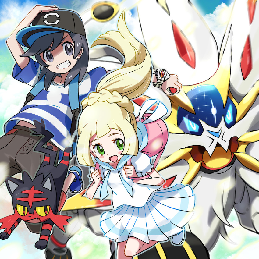 lillie, elio, litten, and solgaleo (pokemon and 1 more) drawn by kingin