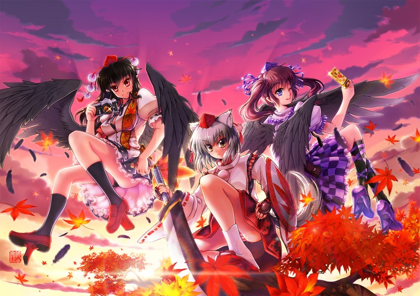 shameimaru aya, inubashiri momiji, and himekaidou hatate (touhou) drawn by muchousha