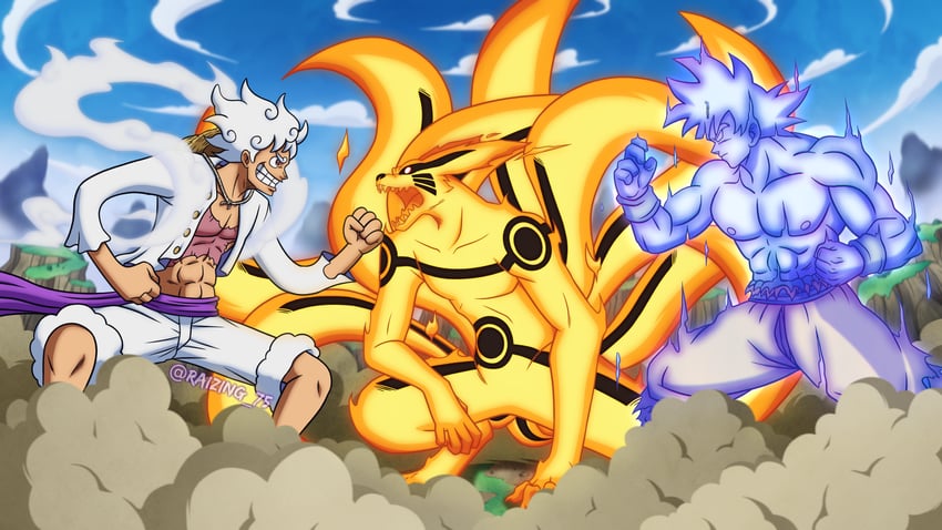 son goku, monkey d. luffy, uzumaki naruto, and kurama (one piece and 6 more) drawn by sean_cliff