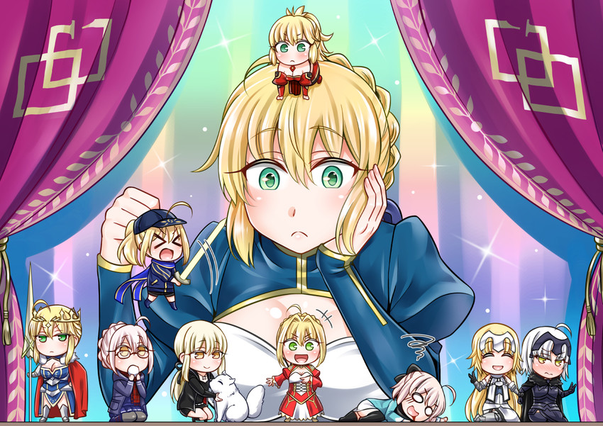 artoria pendragon, saber, nero claudius, jeanne d'arc, okita souji, and 6 more (fate and 2 more) drawn by yakisobapan_tarou_&_negitoro-ko