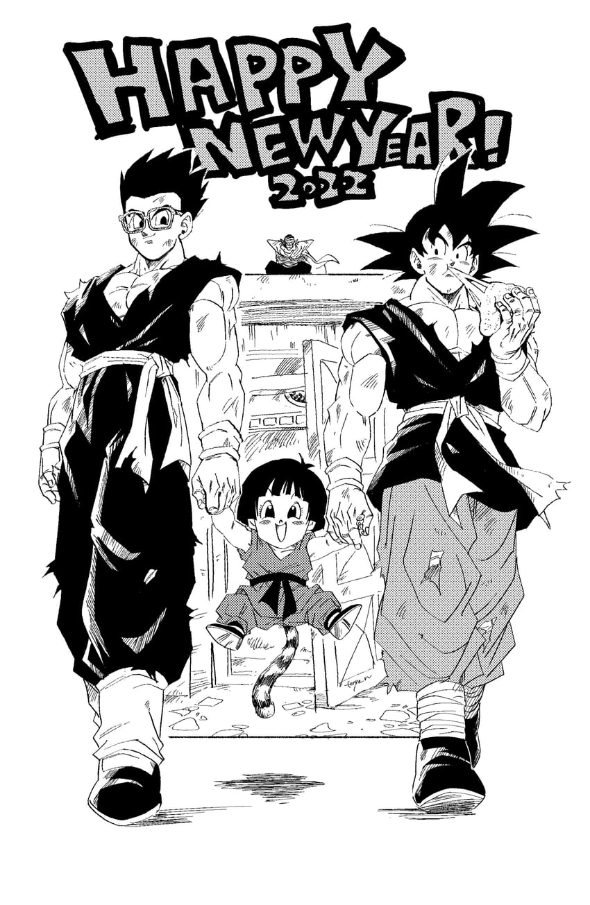 son goku, son gohan, pan, and piccolo (dragon ball and 1 more) drawn by fenyon