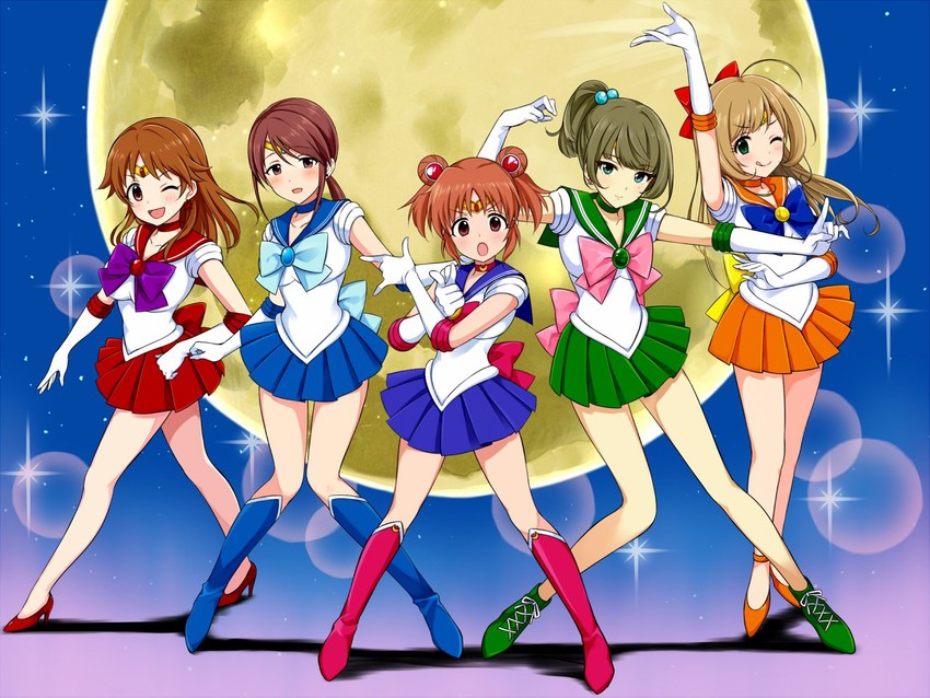 takagaki kaede, sailor moon, sailor mercury, sailor venus, abe nana, and 5 more (idolmaster and 2 more) drawn by q-v_(levia)