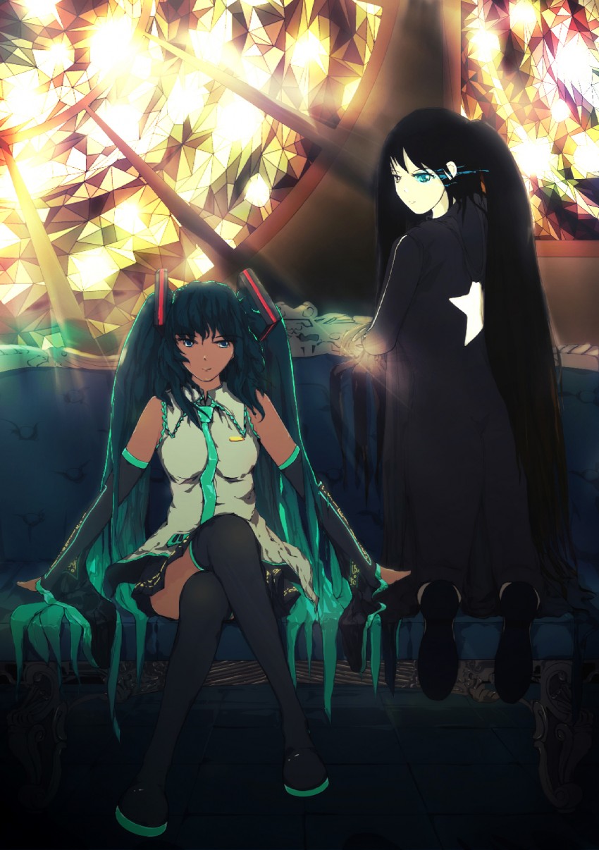 hatsune miku and black rock shooter (vocaloid and 1 more) drawn by edward_(artist)