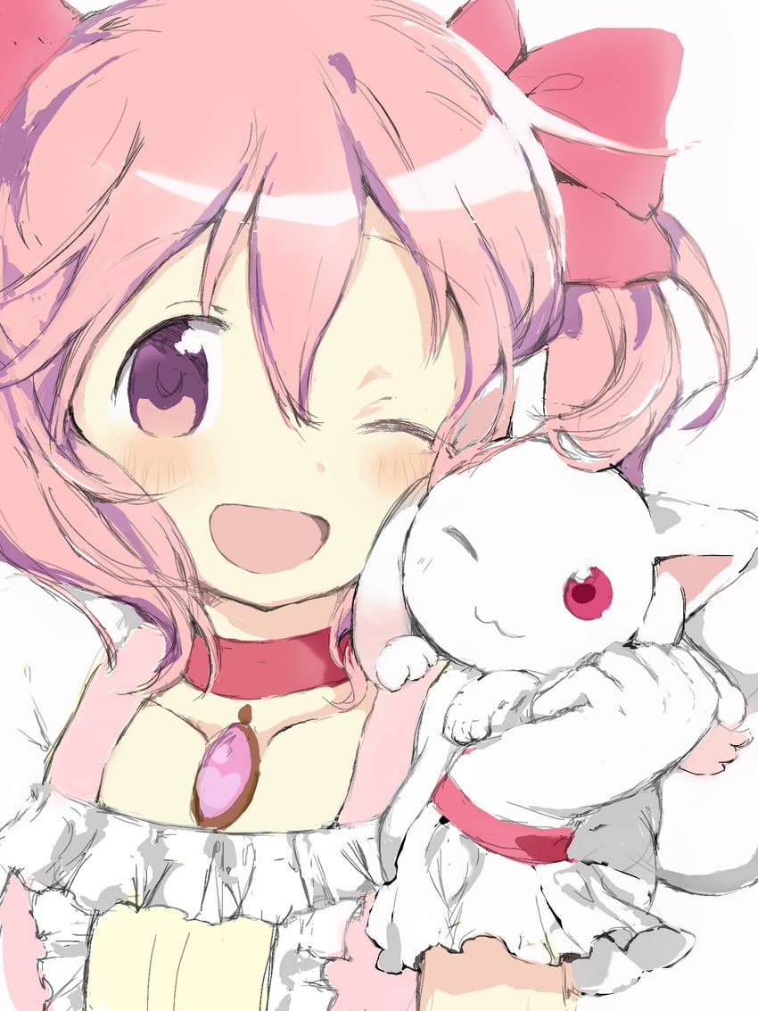 kaname madoka and kyubey (mahou shoujo madoka magica) drawn by hitode