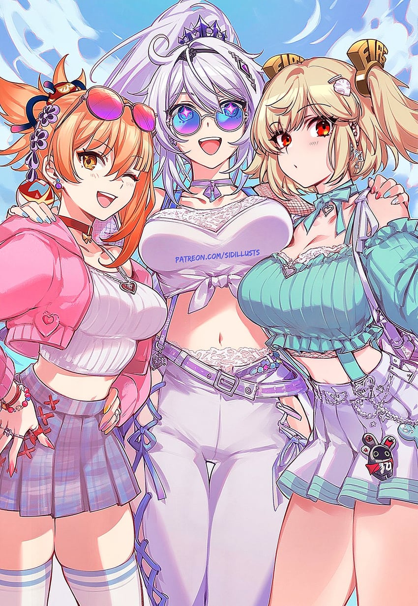 kiana kaslana, yoimiya, and burnice white (genshin impact and 4 more) drawn by sidillusts