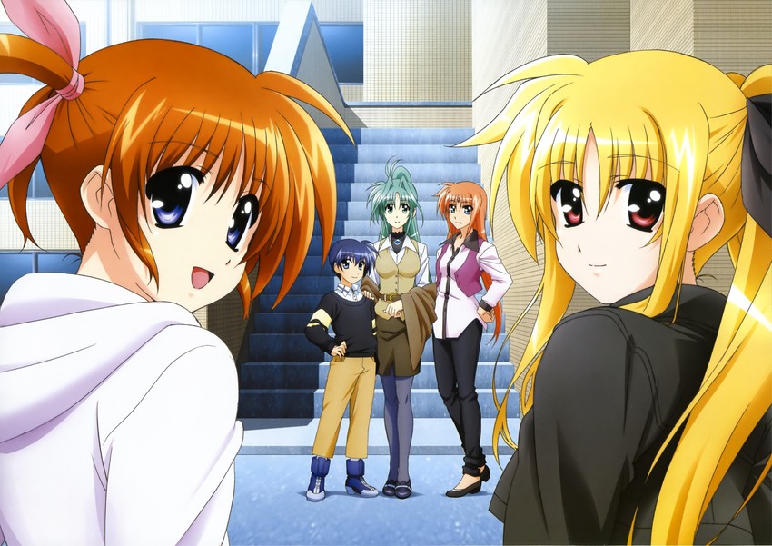 fate testarossa, takamachi nanoha, arf, lindy harlaown, and chrono harlaown (lyrical nanoha and 3 more) drawn by okuda_yasuhiro