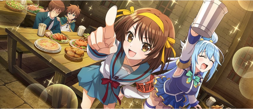 suzumiya haruhi, aqua, kyon, and satou kazuma (suzumiya haruhi no yuuutsu and 2 more)