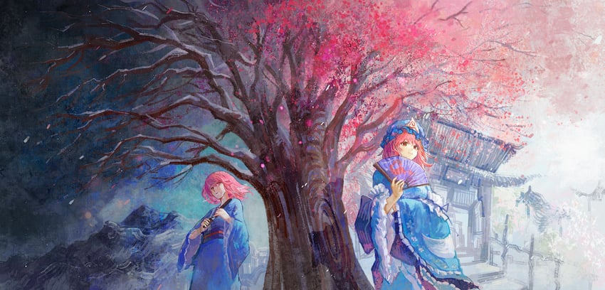 saigyouji yuyuko and saigyou ayakashi (touhou) drawn by ge_dazuo