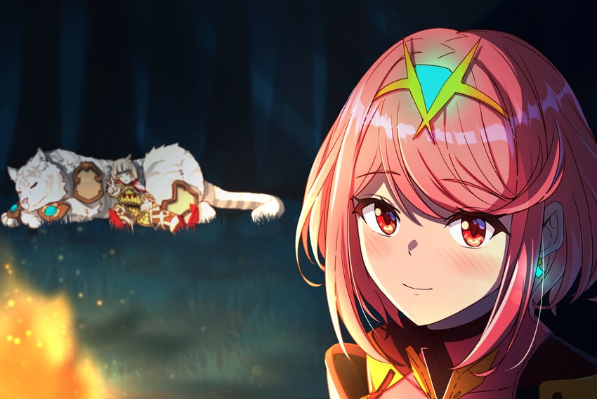 pyra, nia, and dromarch (xenoblade chronicles and 1 more) drawn by poteto_(potetosarada123)