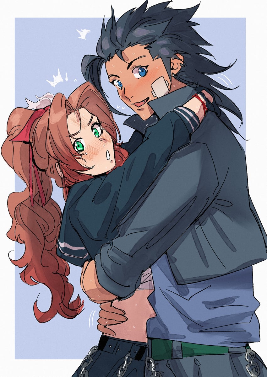 aerith gainsborough and zack fair (final fantasy and 2 more) drawn by lumiaeria