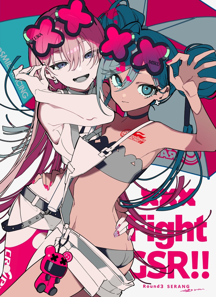 hatsune miku, megurine luka, and racing miku (vocaloid and 2 more) drawn by mochizuki_kei