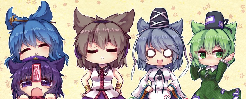 toyosatomimi no miko, mononobe no futo, kaku seiga, miyako yoshika, and soga no tojiko (touhou) drawn by unime_seaflower
