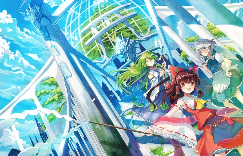 hakurei reimu, izayoi sakuya, and kochiya sanae (touhou) drawn by hayama_eishi