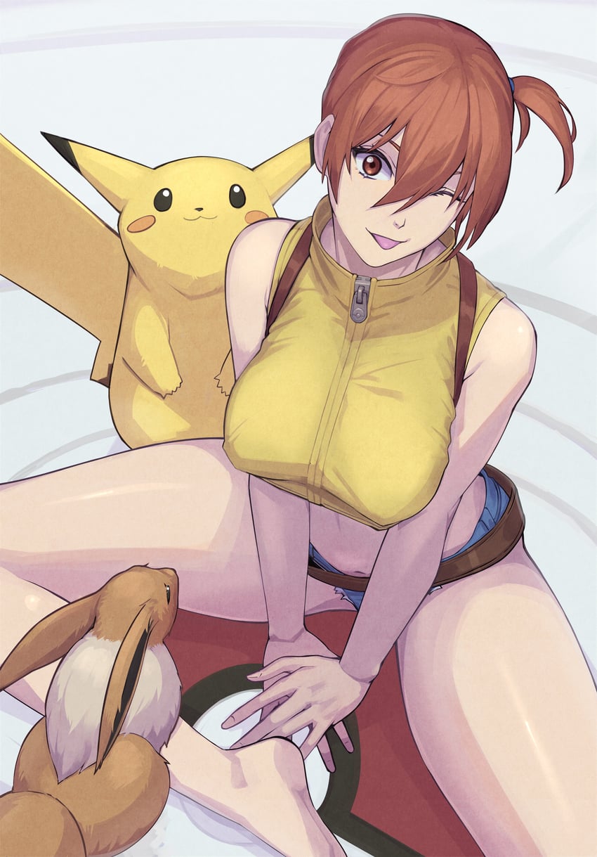 pikachu, eevee, and misty (pokemon and 1 more) drawn by kikken