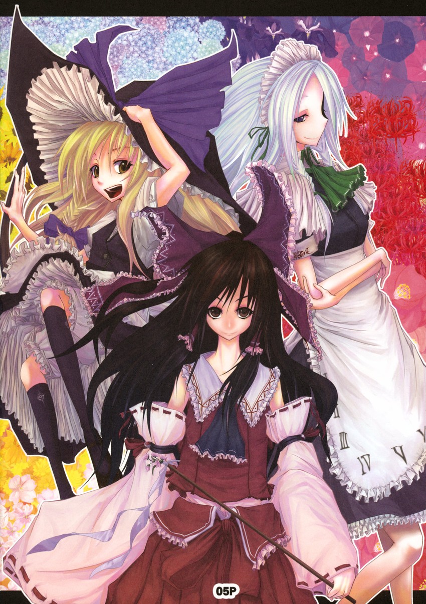 hakurei reimu, kirisame marisa, and izayoi sakuya (touhou) drawn by beshi