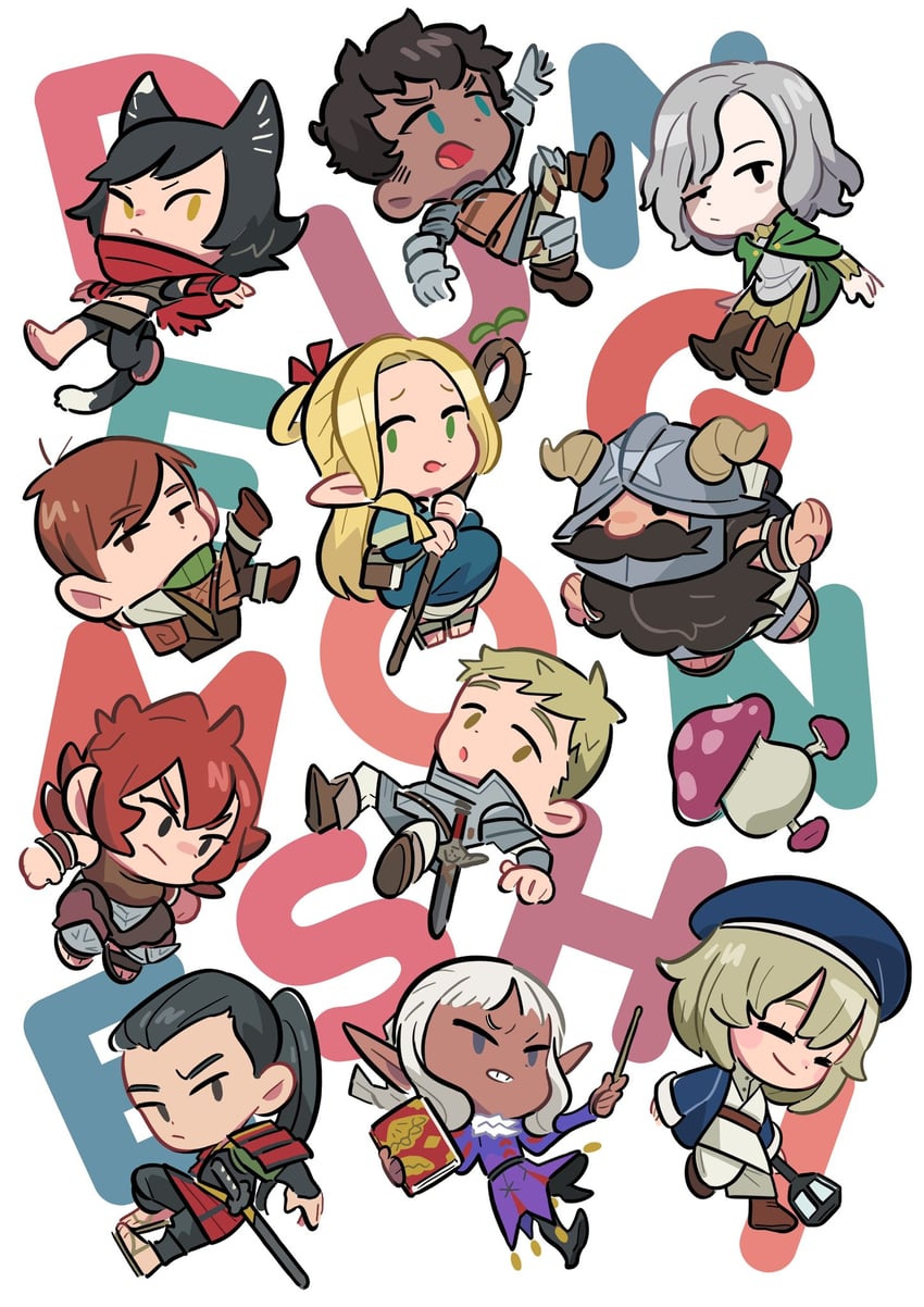 marcille donato, falin touden, laios touden, senshi, mithrun, and 7 more (dungeon meshi) drawn by anjohink