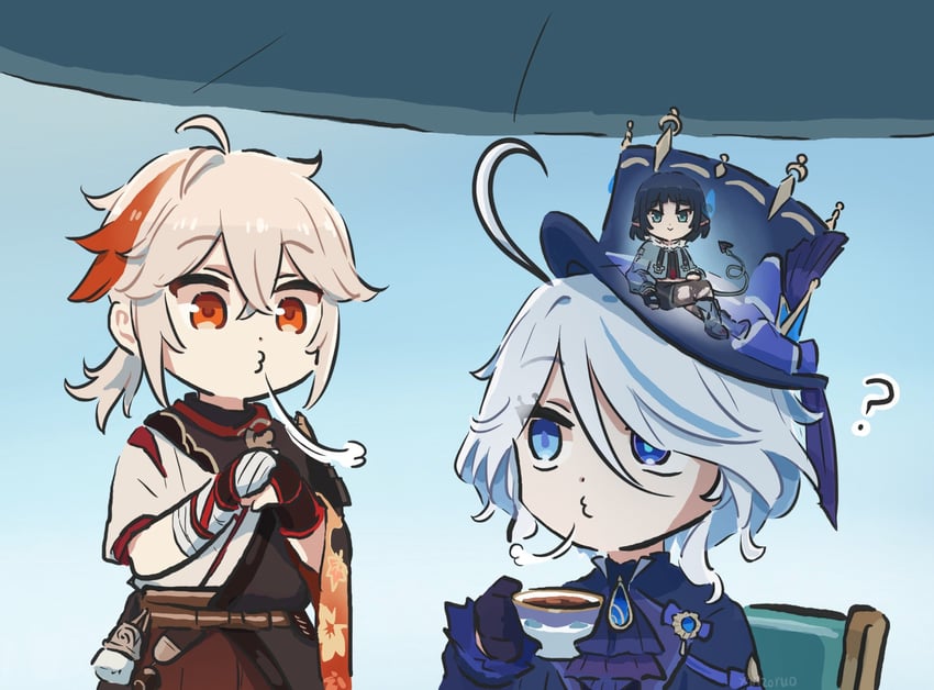 furina, jane doe, and kaedehara kazuha (genshin impact and 2 more) drawn by xinzoruo