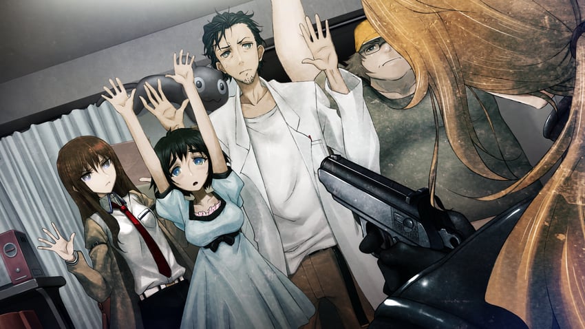 makise kurisu, okabe rintarou, shiina mayuri, kiryuu moeka, and hashida itaru (steins;gate) drawn by huke