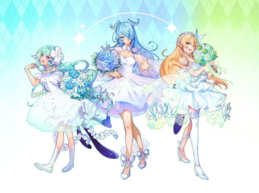 elira pendora, pomu rainpuff, and finana ryugu (nijisanji and 1 more) drawn by redricewine
