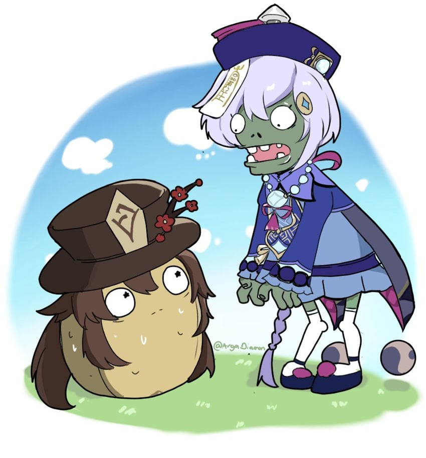 hu tao, qiqi, wall-nut, and zombie (genshin impact and 1 more) drawn by diamon_arga