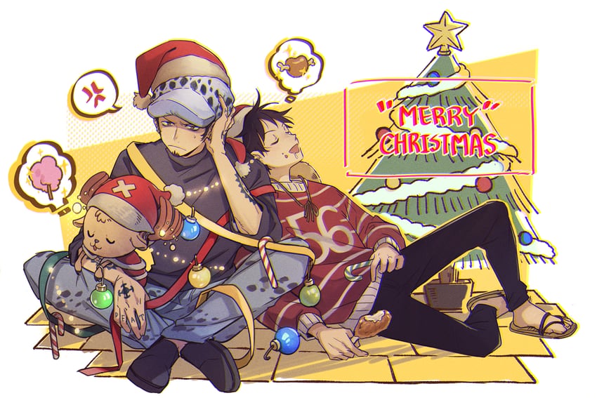 monkey d. luffy, trafalgar law, and tony tony chopper (one piece) drawn by yurichi_(artist)