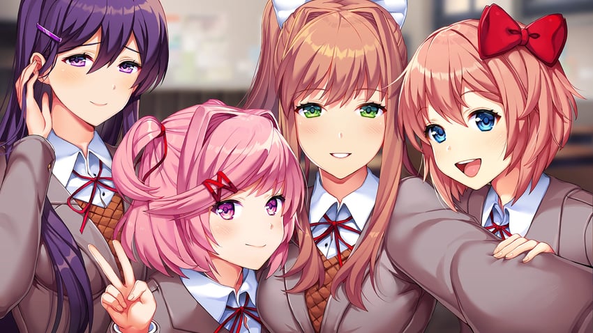 monika, natsuki, yuri, and sayori (doki doki literature club) drawn by lucidsky