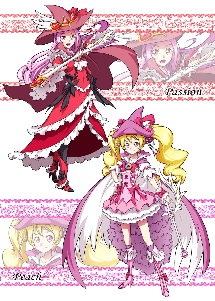 higashi setsuna, momozono love, cure peach, and cure passion (precure and 2 more) drawn by matatabi_(karukan222)